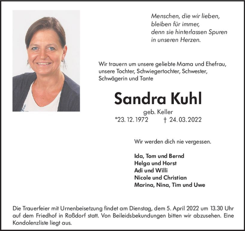  Traueranzeige für Sandra Kuhl vom 02.04.2022 aus vrm-trauer Darmstädter Echo