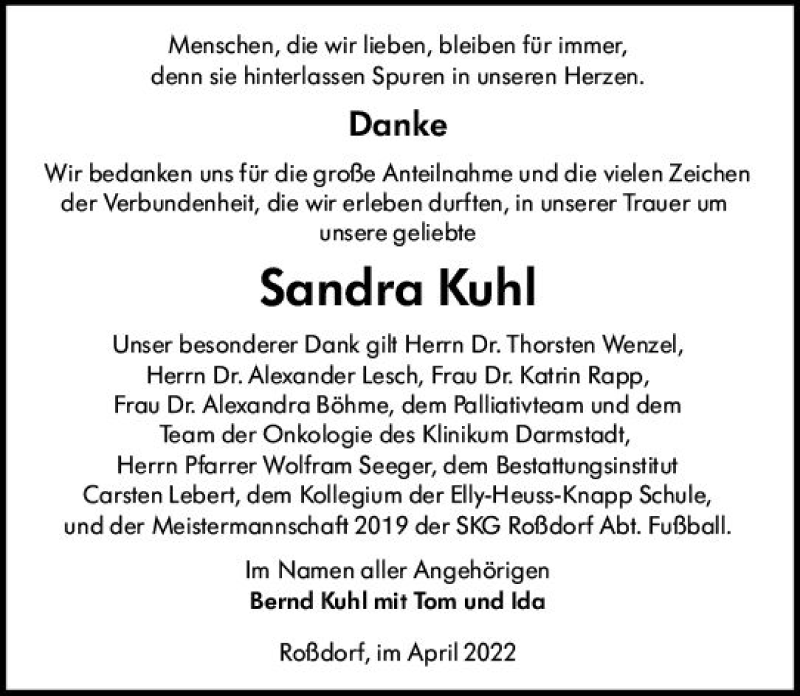  Traueranzeige für Sandra Kuhl vom 16.04.2022 aus vrm-trauer Darmstädter Echo