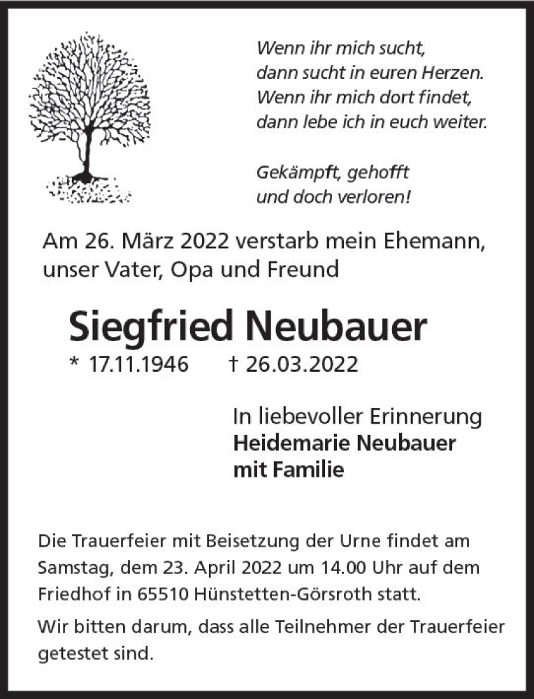  Traueranzeige für Siegfried Neubauer vom 16.04.2022 aus vrm-trauer Wiesbadener Kurier