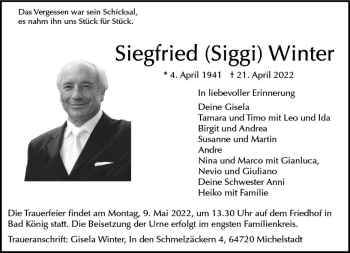 Traueranzeige von Siegfried Winter von vrm-trauer Odenwälder Echo