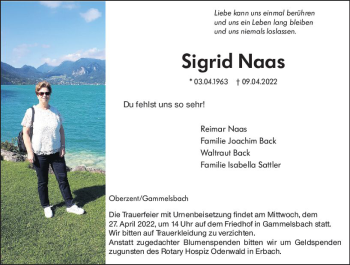 Traueranzeige von Sigrid Naas von vrm-trauer Odenwälder Echo