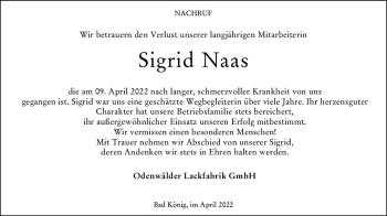 Traueranzeige von Sigrid Naas von vrm-trauer Odenwälder Echo