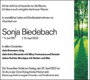 Traueranzeige von Sonja Biedebach von vrm-trauer Odenwälder Echo