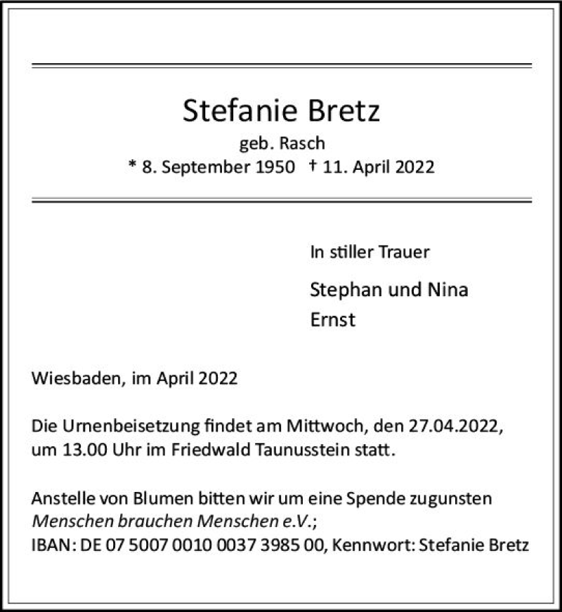  Traueranzeige für Stefanie Bretz vom 23.04.2022 aus vrm-trauer Wiesbadener Kurier
