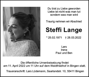Traueranzeige von Steffi Lange von vrm-trauer Allgemeine  Zeitung Ingelheim-Bingen