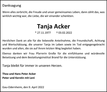 Traueranzeige von Tanja Acker von vrm-trauer Allgemeine Zeitung Alzey