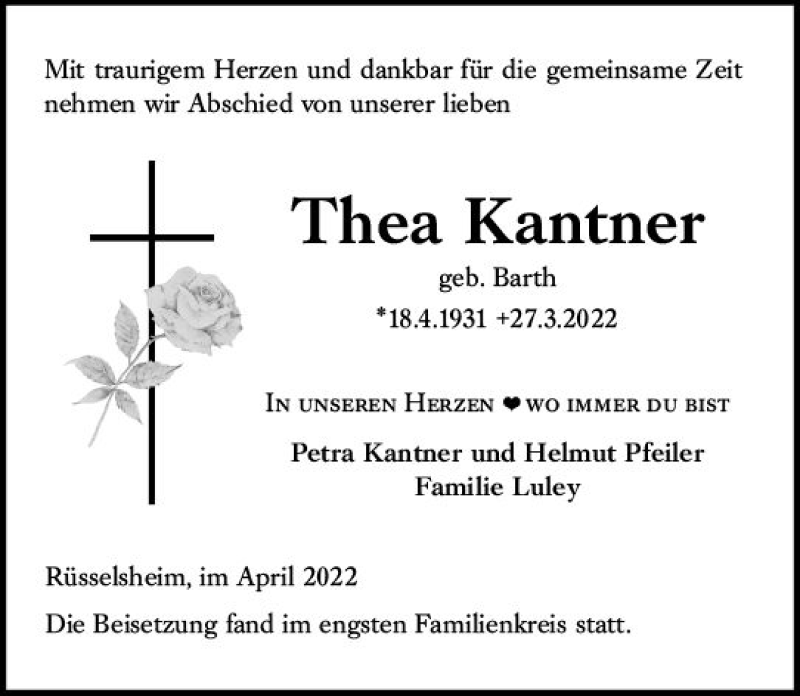 Traueranzeige für Thea Kantner vom 16.04.2022 aus vrm-trauer Rüsselsheimer Echo / MainSpitze