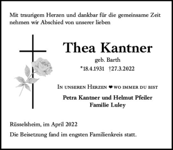 Traueranzeige von Thea Kantner von vrm-trauer Hochheimer Zeitung