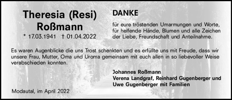  Traueranzeige für Theresia Roßmann vom 30.04.2022 aus vrm-trauer Darmstädter Echo