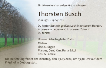 Traueranzeige von Thorsten Busch von vrm-trauer DieburgerAnzeiger/Groß-Zimmerner Lokala