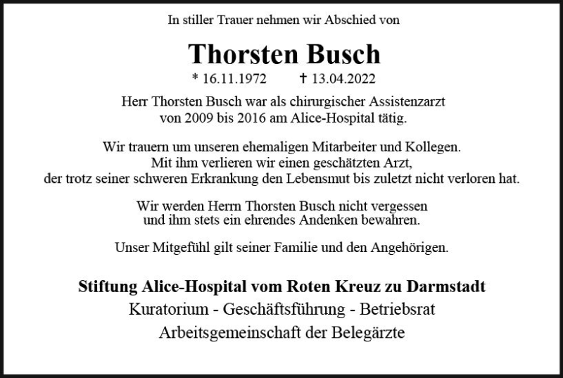  Traueranzeige für Thorsten Busch vom 30.04.2022 aus vrm-trauer Darmstädter Echo