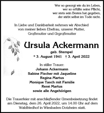 Traueranzeige von Ursula Ackermann von vrm-trauer Wiesbadener Kurier