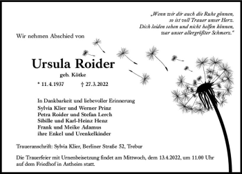 Traueranzeige von Ursula Roider von vrm-trauer Rüsselsheimer Echo / MainSpitze