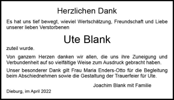 Traueranzeige von Ute Blank von vrm-trauer DieburgerAnzeiger/Groß-Zimmerner Lokala