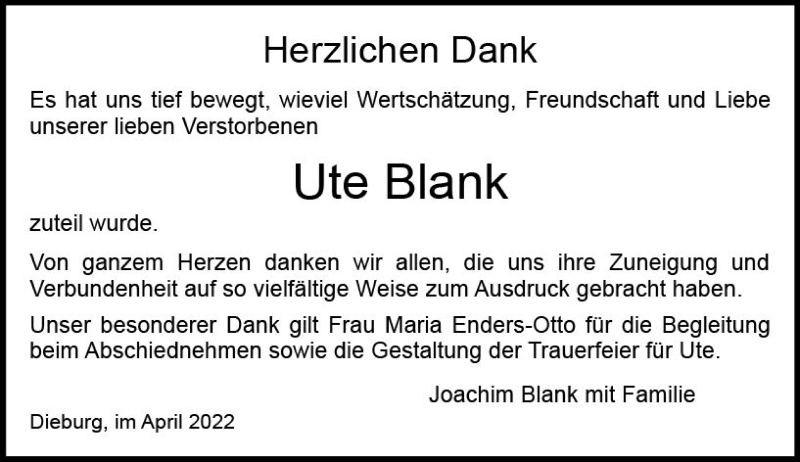  Traueranzeige für Ute Blank vom 02.04.2022 aus vrm-trauer DieburgerAnzeiger/Groß-Zimmerner Lokala