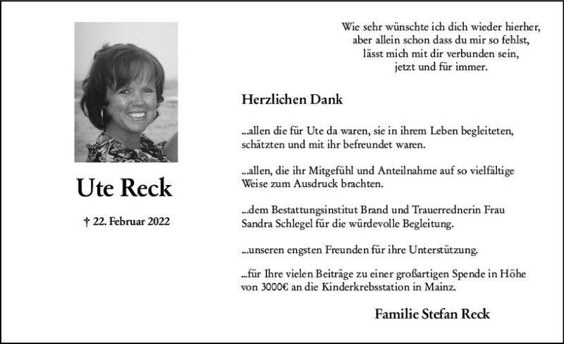  Traueranzeige für Ute Reck vom 22.04.2022 aus vrm-trauer Allgemeine Zeitung Alzey