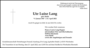 Traueranzeige von Ute Luise Lang von vrm-trauer Wiesbadener Kurier