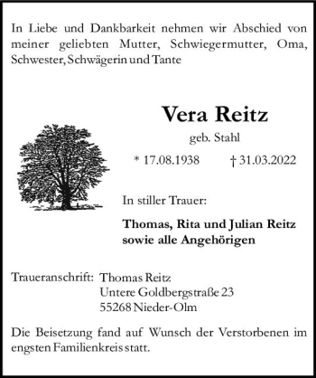 Traueranzeige von Vera Reitz von vrm-trauer AZ Mainz