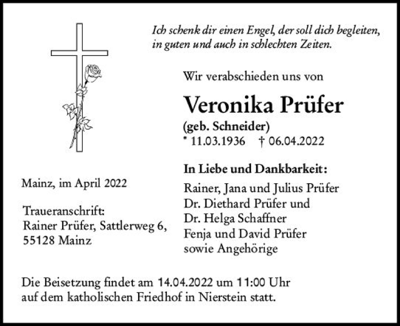 Traueranzeige für Veronika Prüfer vom 09.04.2022 aus vrm-trauer Allgemeine  Zeitung Ingelheim-Bingen