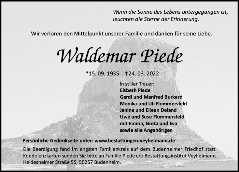  Traueranzeige für Waldemar Piede vom 02.04.2022 aus vrm-trauer AZ Mainz