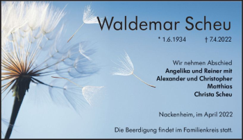Traueranzeige von Waldemar Scheu von vrm-trauer AZ Mainz
