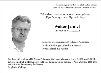 Traueranzeige von Walter Jahnel von vrm-trauer Bürstädter/Lamperth. Ztg/Starkenburger