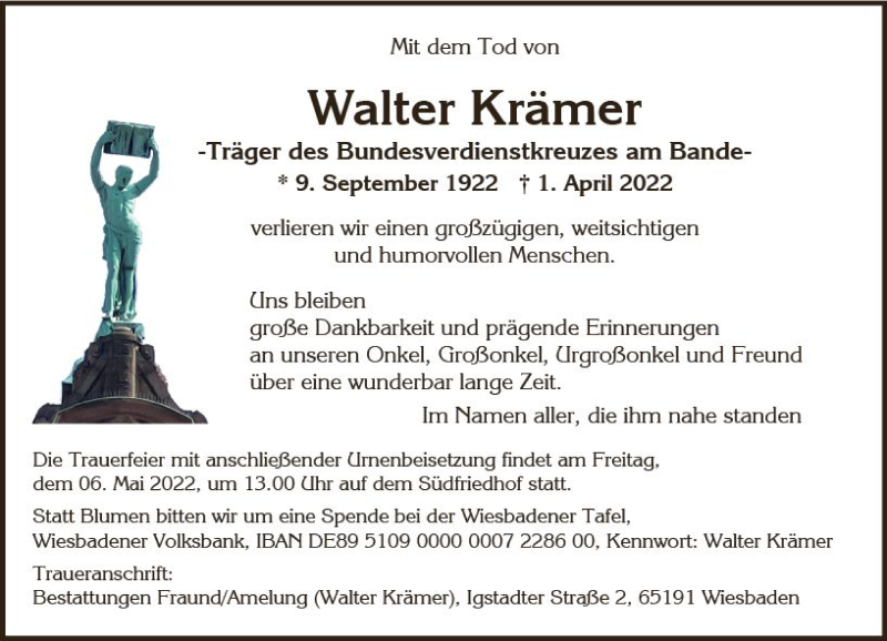  Traueranzeige für Walter Krämer vom 23.04.2022 aus vrm-trauer Wiesbadener Kurier