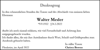 Traueranzeige von Walter Meder von vrm-trauer Allgemeine Zeitung Alzey