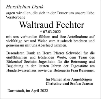 Traueranzeige von Waltraud Fechter von vrm-trauer Darmstädter Echo