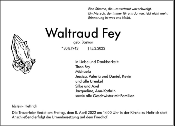 Traueranzeige von Waltraud Fey von vrm-trauer Idsteiner Zeitung