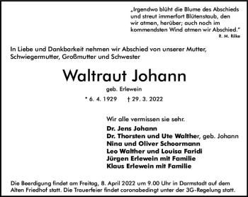 Traueranzeige von Waltraut Johann von vrm-trauer Darmstädter Echo