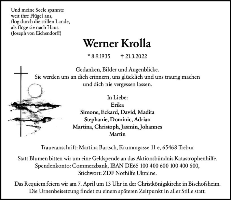  Traueranzeige für Werner Krolla vom 02.04.2022 aus vrm-trauer Rüsselsheimer Echo / MainSpitze