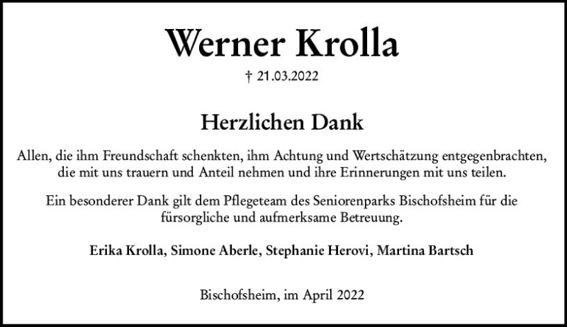  Traueranzeige für Werner Krolla vom 23.04.2022 aus vrm-trauer Rüsselsheimer Echo / MainSpitze