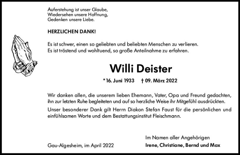  Traueranzeige für Willi Deister vom 02.04.2022 aus vrm-trauer Allgemeine  Zeitung Ingelheim-Bingen