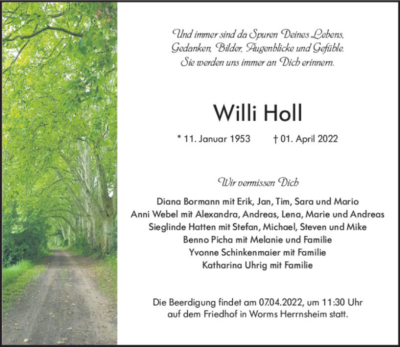  Traueranzeige für Willi Holl vom 05.04.2022 aus vrm-trauer Wormser Zeitung