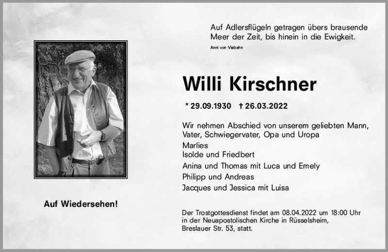  Traueranzeige für Willi Kirschner vom 02.04.2022 aus vrm-trauer Rüsselsheimer Echo / MainSpitze