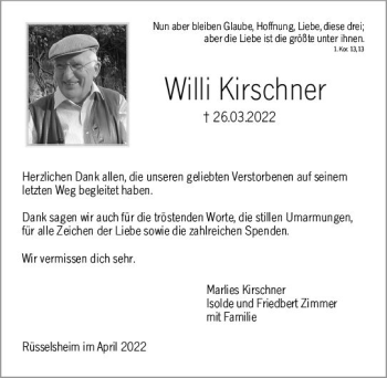 Traueranzeige von Willi Kirschner von vrm-trauer Rüsselsheimer Echo / MainSpitze