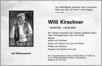 Traueranzeige von Willi Kirschner von vrm-trauer Rüsselsheimer Echo / MainSpitze