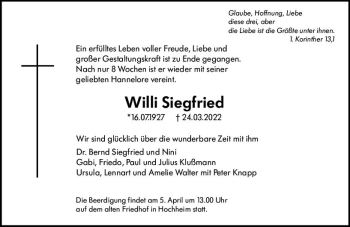 Traueranzeige von Willi Siegfried von vrm-trauer Hochheimer Zeitung