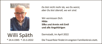 Traueranzeige von Willi Späth von vrm-trauer Darmstädter Echo