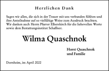 Traueranzeige von Wilma Quaschnok von vrm-trauer Groß-Gerauer Echo