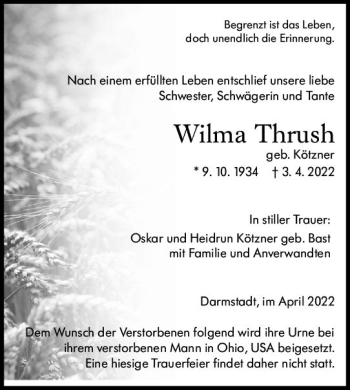 Traueranzeige von Wilma Thrush von vrm-trauer Darmstädter Echo