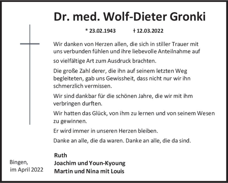 Traueranzeige für Wolf-Dieter Gronki vom 16.04.2022 aus vrm-trauer Allgemeine  Zeitung Ingelheim-Bingen