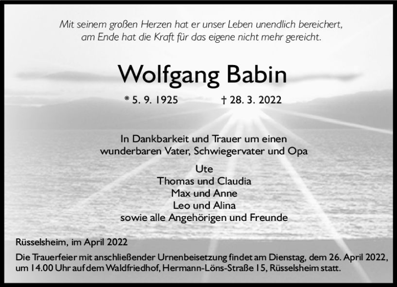  Traueranzeige für Wolfgang Babin vom 02.04.2022 aus vrm-trauer Rüsselsheimer Echo / MainSpitze