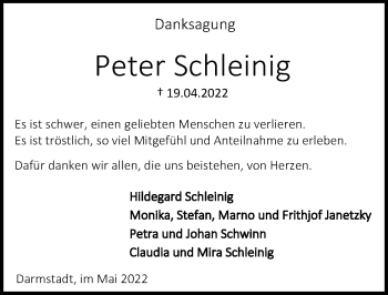 Traueranzeige von Peter Schleinig von vrm-trauer Darmstädter Echo