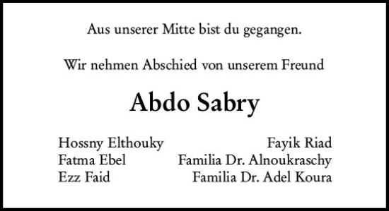 Traueranzeige von Abdo Sabry von vrm-trauer Darmstädter Echo