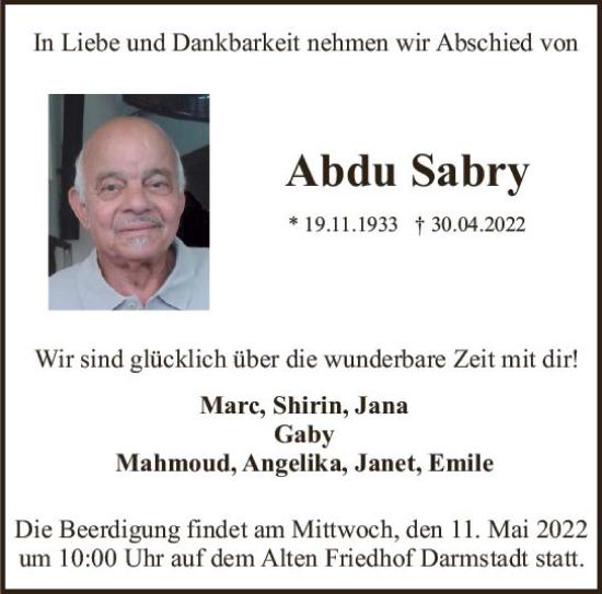 Traueranzeige von Abdu Sabry von vrm-trauer Darmstädter Echo