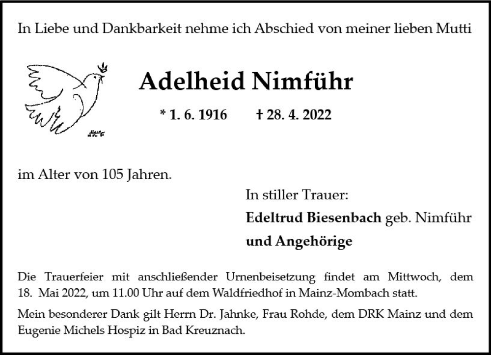  Traueranzeige für Adelheid Nimführ vom 07.05.2022 aus vrm-trauer AZ Mainz