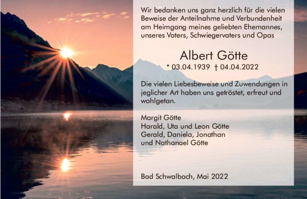  Traueranzeige für Albert Götte vom 07.05.2022 aus vrm-trauer Wiesbadener Kurier