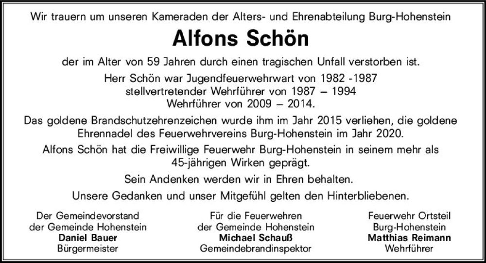  Traueranzeige für Alfons Schön vom 20.05.2022 aus vrm-trauer WK-UTA